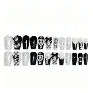 Black & Silver Glitter Base Detail on Gothic Press On Nails