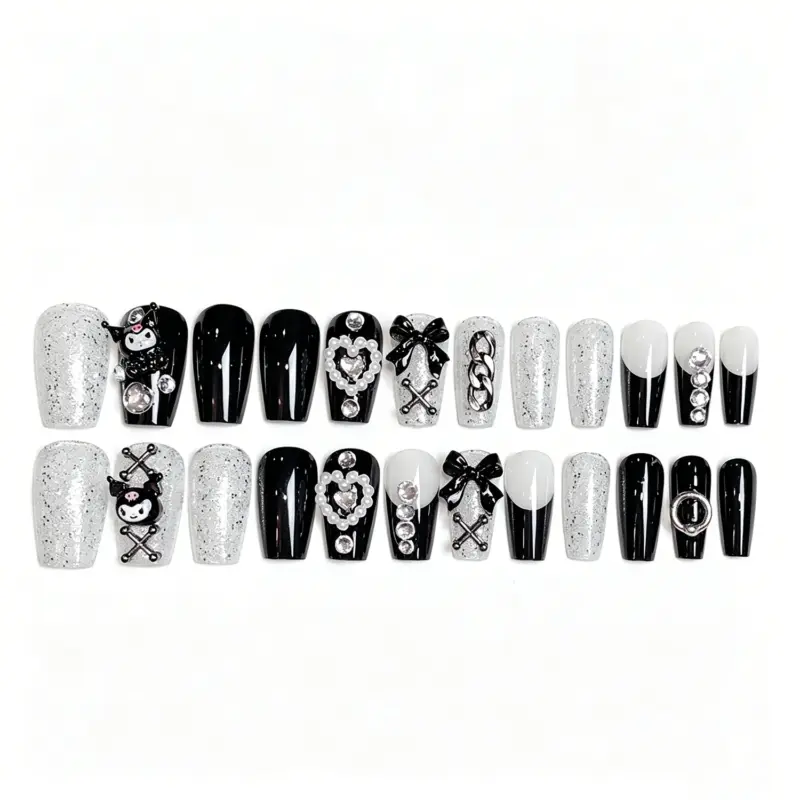 Black & Silver Glitter Base Detail on Gothic Press On Nails