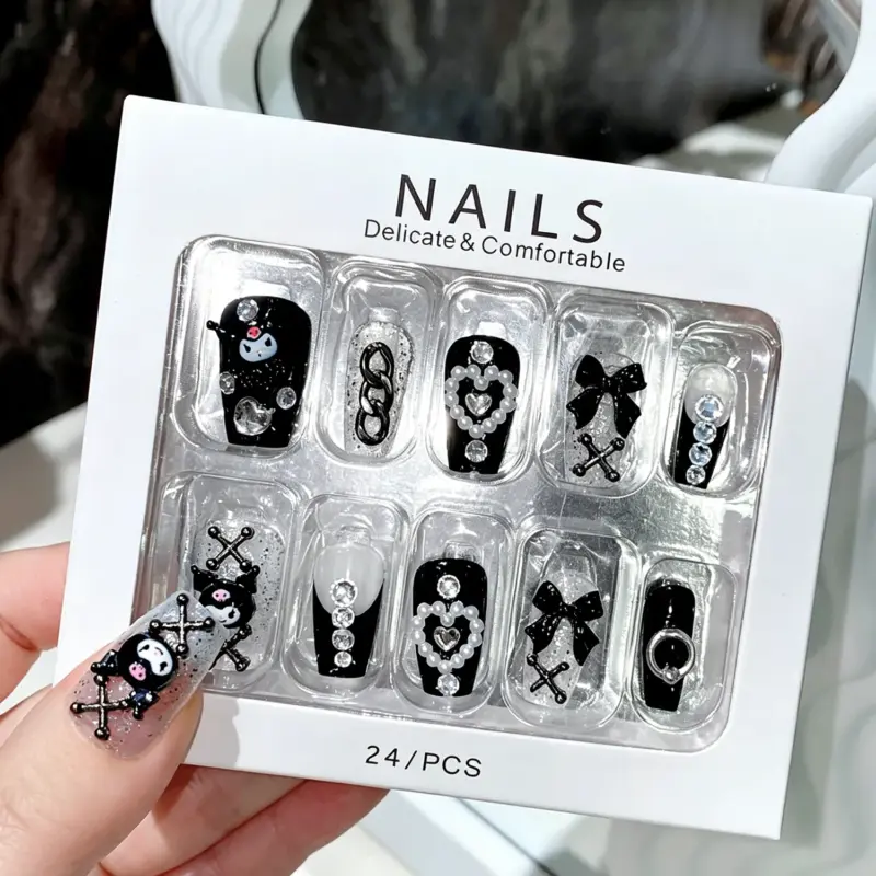 Black Satin Bow Charm Detail on Gothic Sweet Press On Nail
