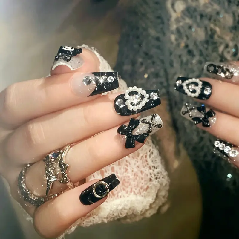 Pearl Heart & Crystal Detail on Black Gothic Press On Nail