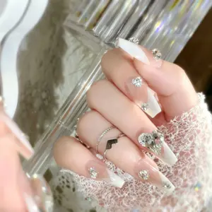 Elegant Nude White French Press On Nails with Heart Crystal Close Up