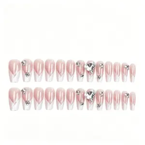 Full Hand Wearing Elegant Nude White French Press On Nails