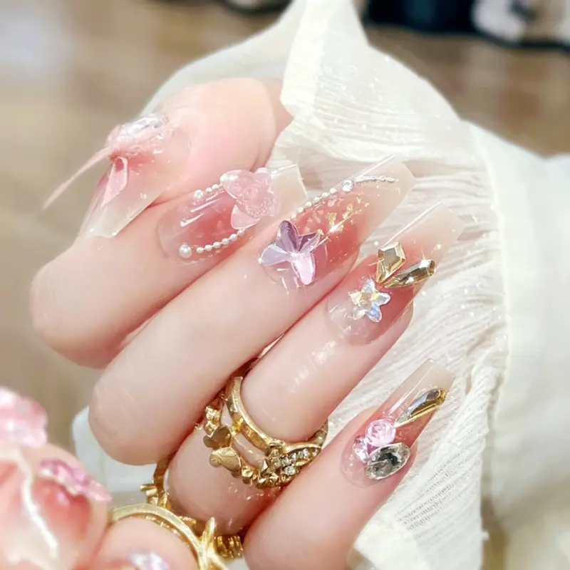 Blush Pink Gradient Press On Nails with Bow & Butterfly Close Up