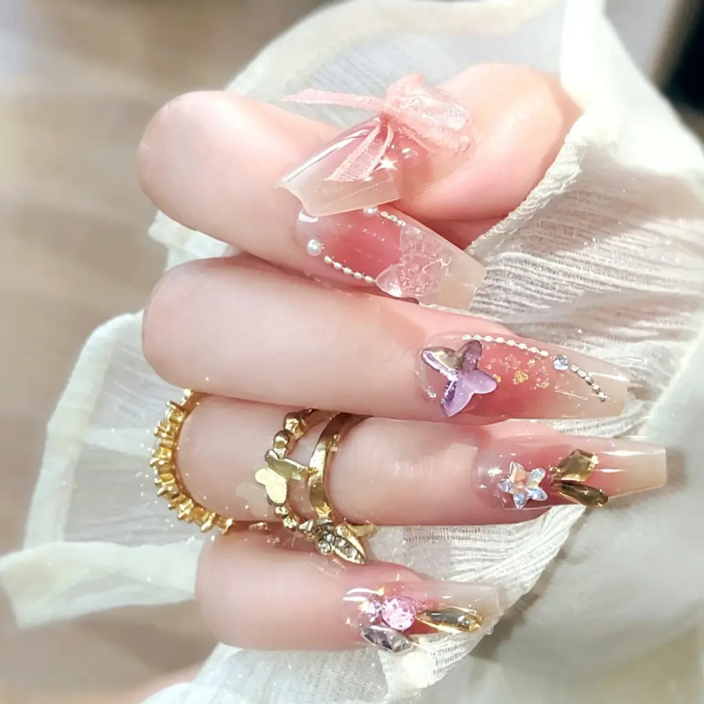 Blush Pink Gradient Press-On Nails with Ribbon Bow & Butterfly Charms