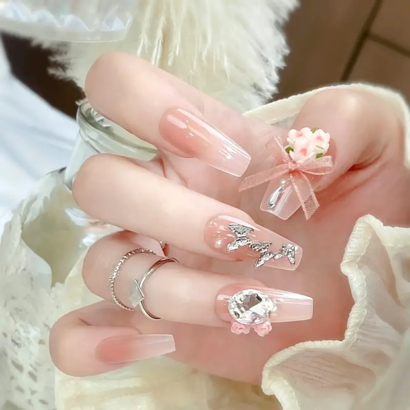 Nude Pink Gradient Press On Nails with Roses & Bows Close Up