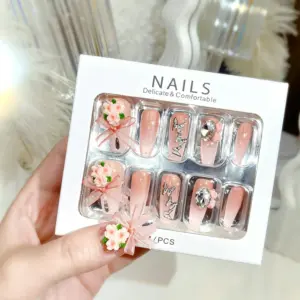 Silver Butterfly Chain Detail on Nude Pink Press On Nail