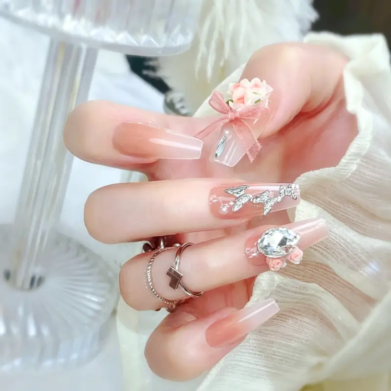 3D Pink Rose & Mesh Bow Detail on Sweet Press On Nail