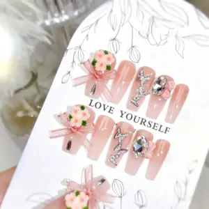 Large Round Crystal Detail on Elegant Nude Pink Press On Nail