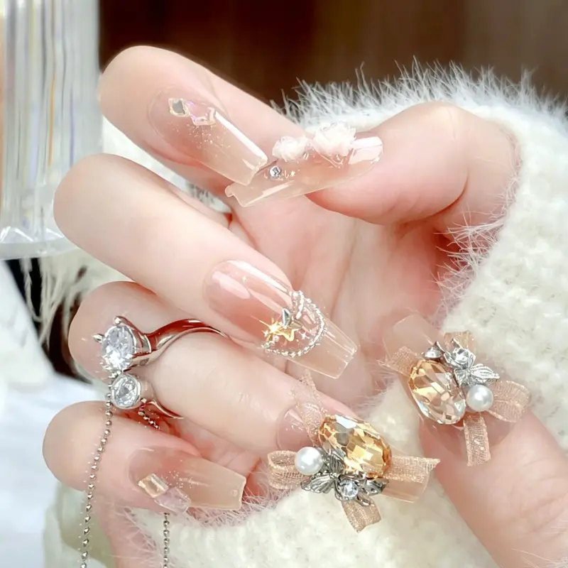 3D White Rose Charm Detail on Champagne Press On Nail