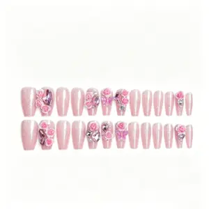 Soft Pink Glitter Base Detail on Romantic Press On Nails