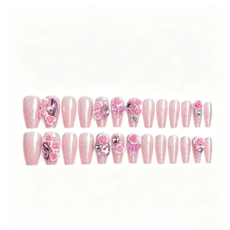 Soft Pink Glitter Base Detail on Romantic Press On Nails