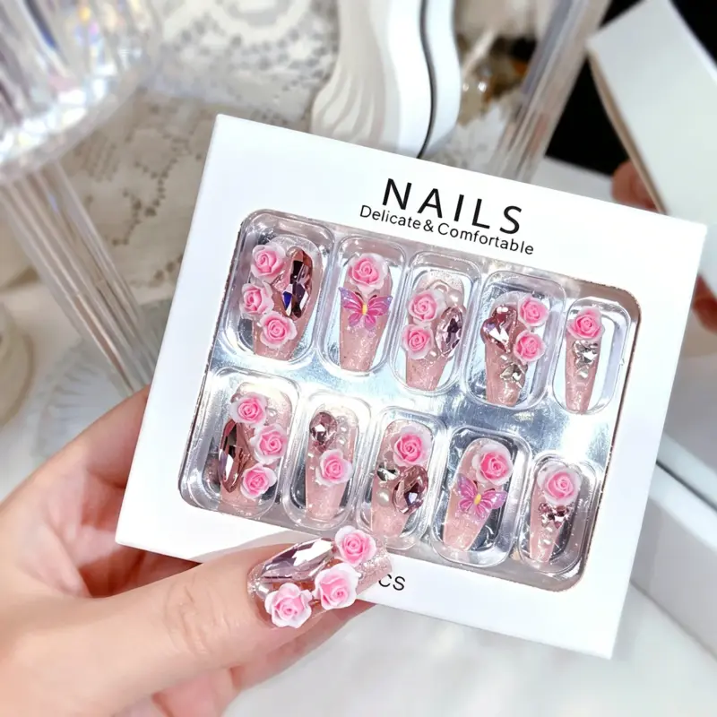 Iridescent Butterfly Charm Detail on Romantic Press On Nail