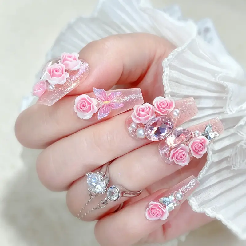 3D Gradient Pink Rose Cluster Detail on Romantic Press On Nail