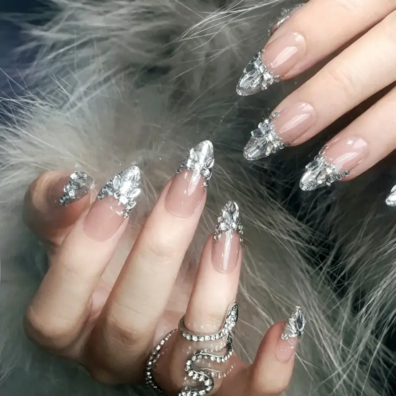 Nude Stiletto Press-On Nails with Full Crystal French Tips Close-Up Nude Stiletto Press On Nails with Full Crystal French Tips Close Up