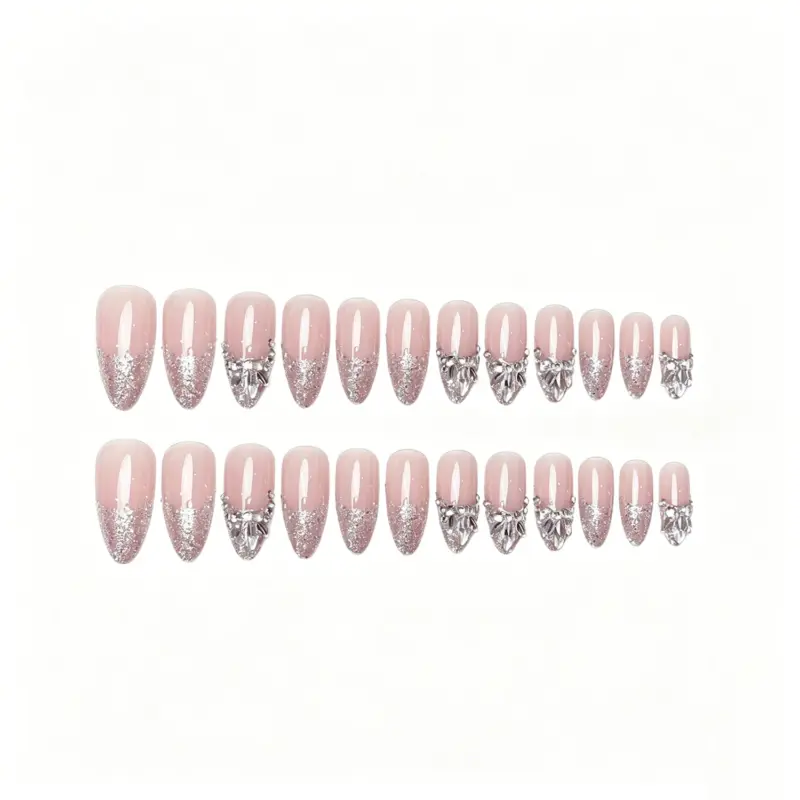 Full Hand Wearing Nude Stiletto Crystal French Press-On Nails Full Hand Wearing Nude Stiletto Crystal French Press On Nails