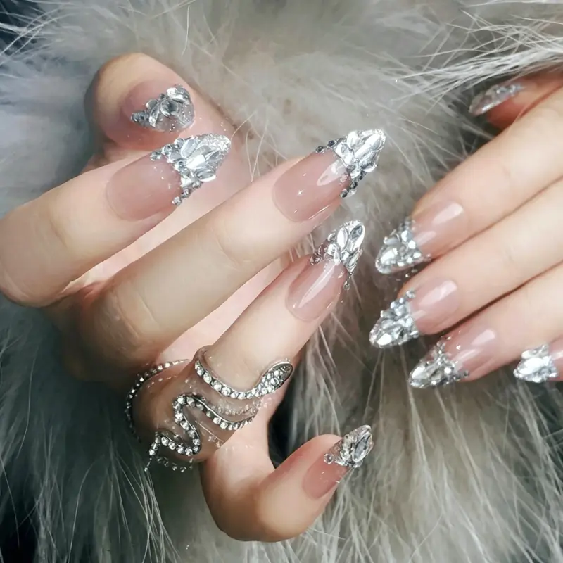 Full Crystal French Tip Detail on Luxury Press-On Nail Full Crystal French Tip Detail on Luxury Press On Nail