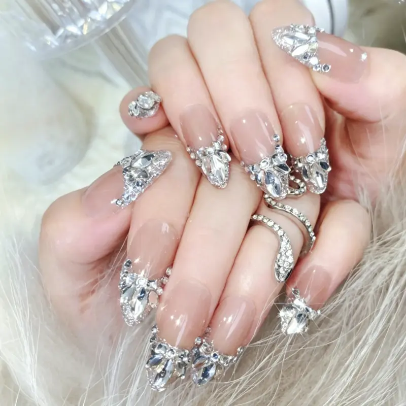 Rhinestone Arrangement Detail on Crystal French Press-On Nail Rhinestone Arrangement Detail on Crystal French Press On Nail