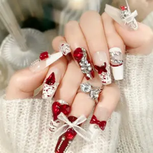 3D Red Heart Crystal Detail on Romantic Press On Nail