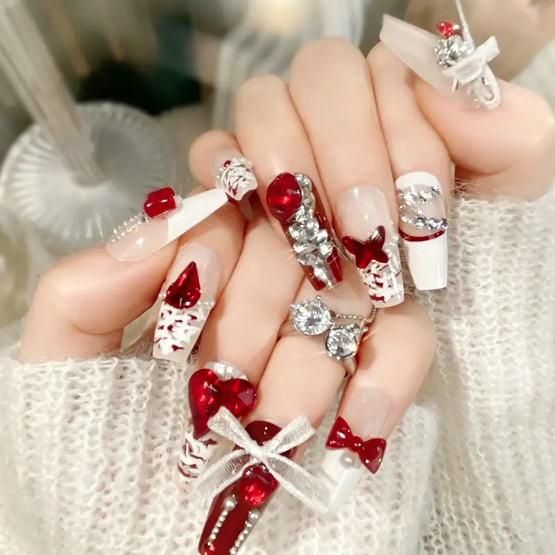 3D Red Heart Crystal Detail on Romantic Press On Nail