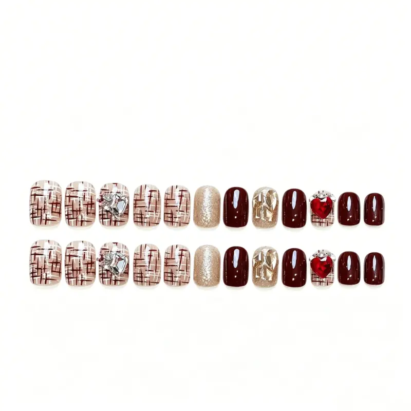 Fall Winter Festive Burgundy Plaid Press-On Nails Fall Winter Festive Burgundy Plaid Press On Nails