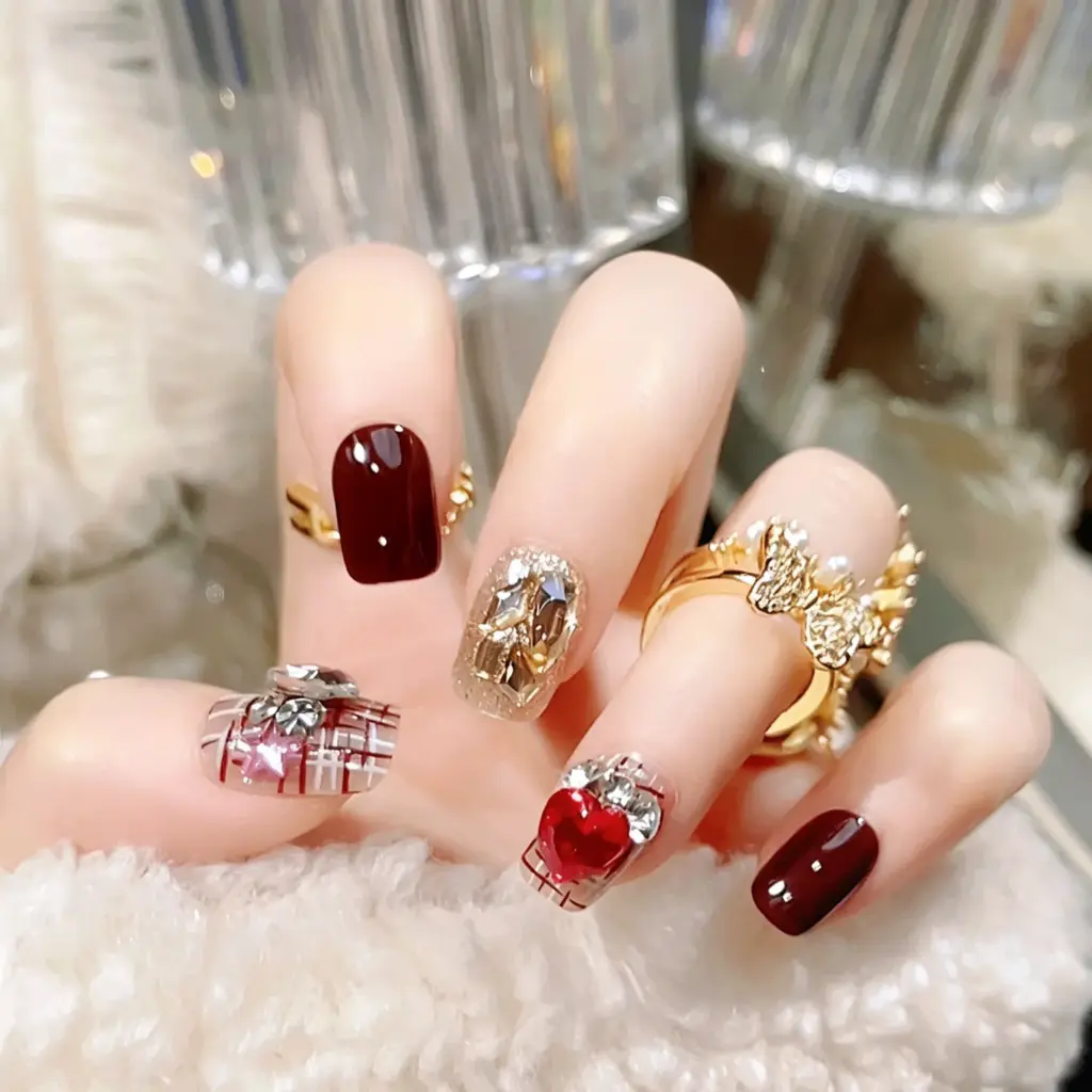 Burgundy Plaid Press-On Nails with Red Heart Crystals & Gold Glitter