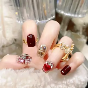 3D Red Heart Crystal Detail on Festive Press-On Nail 3D Red Heart Crystal Detail on Festive Press On Nail