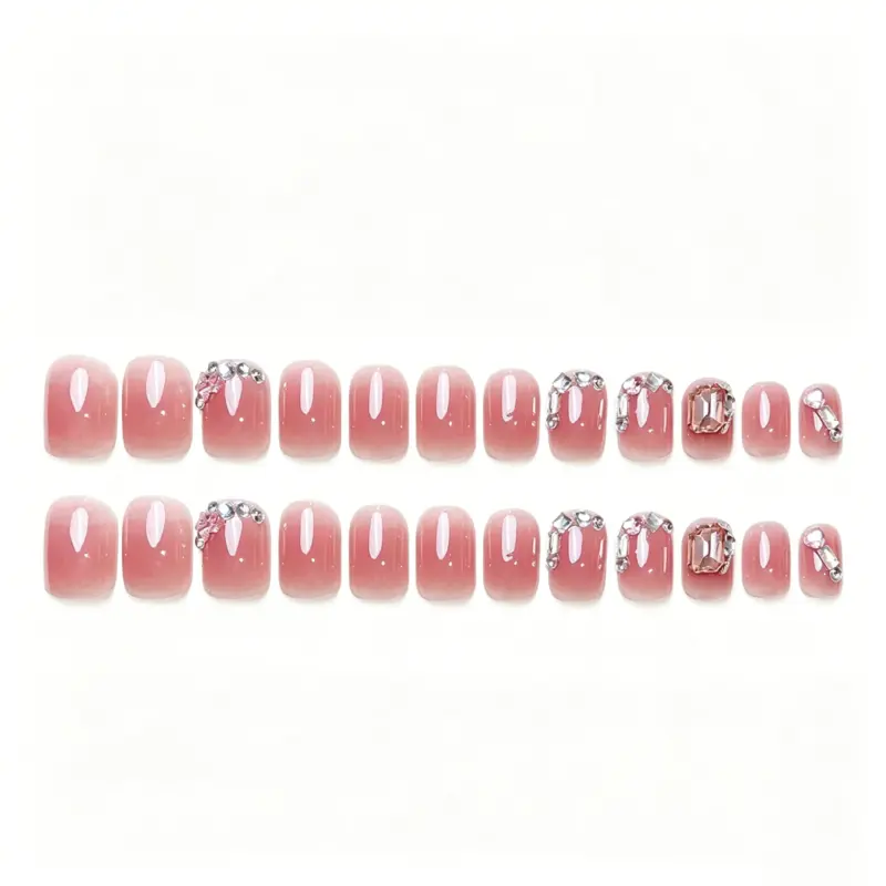 Full Hand Wearing Blush Pink Gradient Short Square Press-On Nails Full Hand Wearing Blush Pink Gradient Short Square Press On Nails