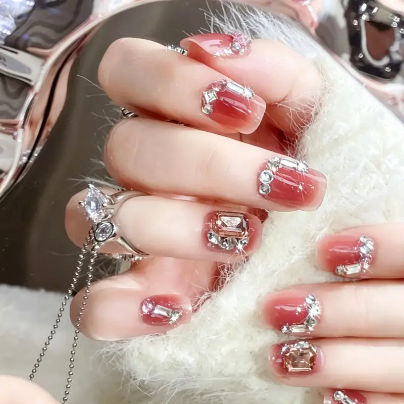 Rectangular Crystal Rhinestone Detail on Blush Pink Nail Rectangular Crystal Rhinestone Detail on Blush Pink Nail
