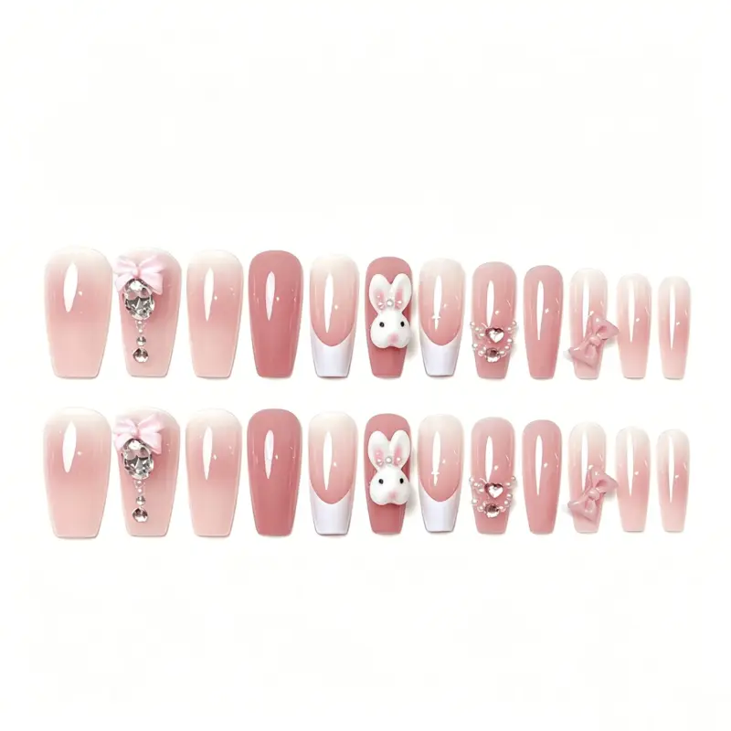 Sweet Spring Style Pink Press On Nails with 3D Bunny