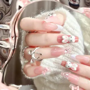 Pink Gradient 3D Bunny & Bow Press On Nails Close Up