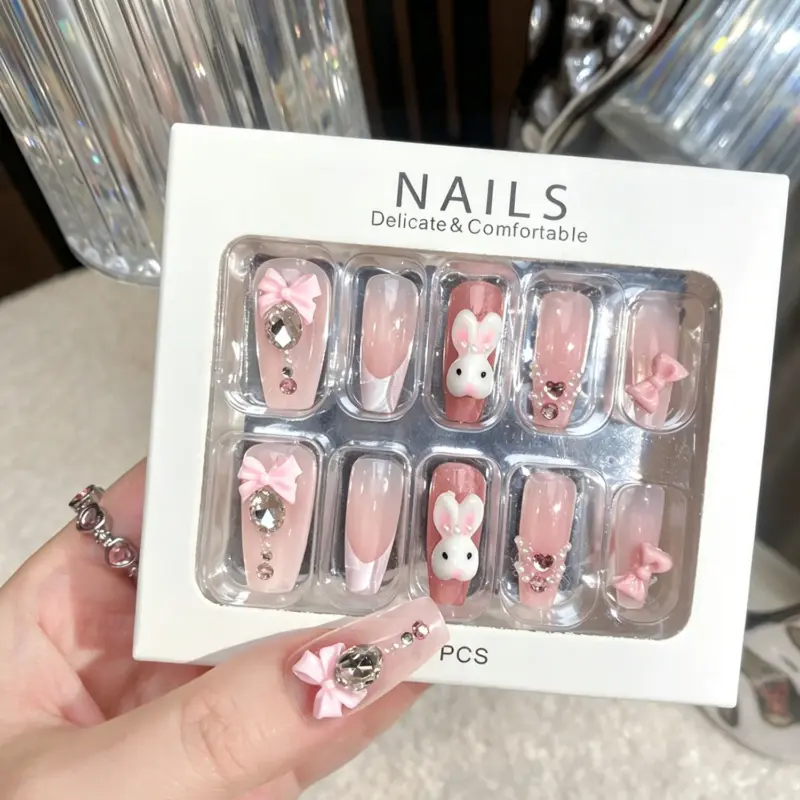 Heart Crystal & Pearl Detail on Pink Press On Nail