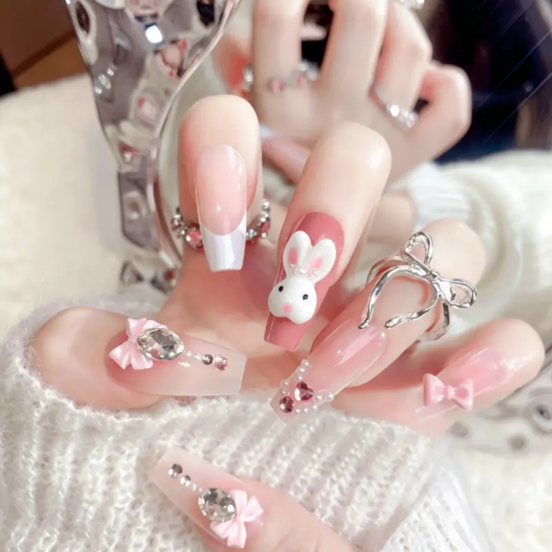 3D White Bunny Charm Detail on Sweet Press On Nail