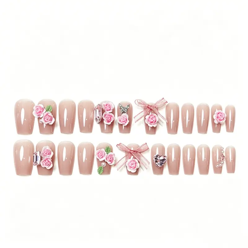 Heart & Rectangular Crystal Detail on Romantic Press-On Nail Heart & Rectangular Crystal Detail on Romantic Press On Nail