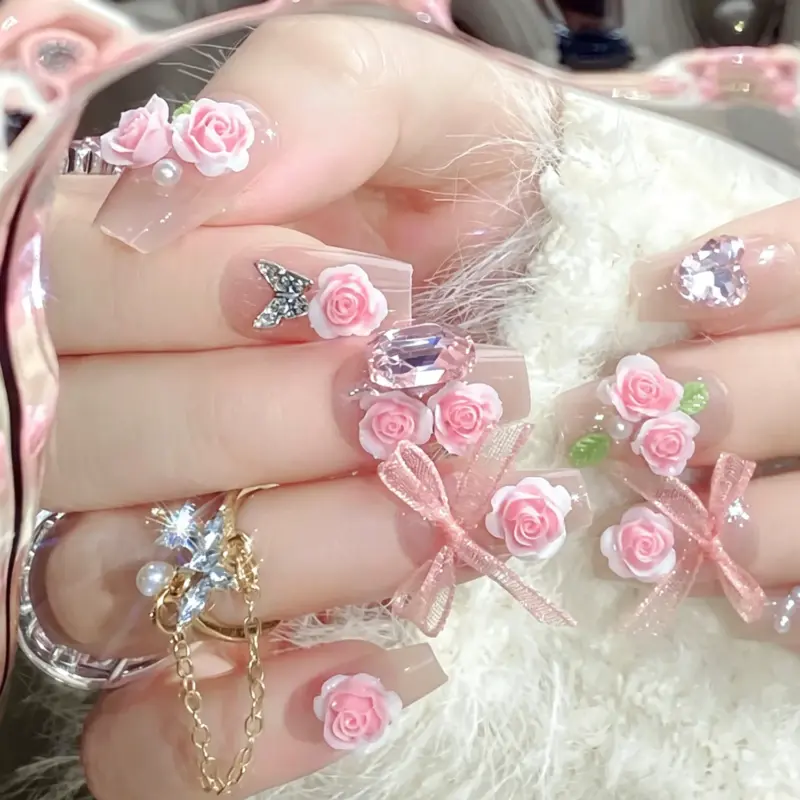 Nude Jelly 3D Pink Rose & Butterfly Press-On Nails Close-Up Nude Jelly 3D Pink Rose & Butterfly Press On Nails Close Up