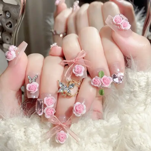3D Gradient Pink Rose Cluster Detail on Romantic Press On Nail