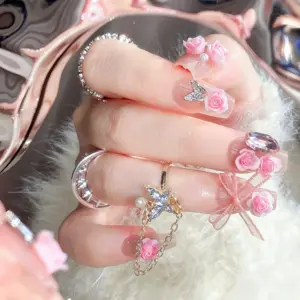 Pink Mesh Bow Detail on Garden-Inspired Press-On Nail Pink Mesh Bow Detail on Garden Inspired Press On Nail