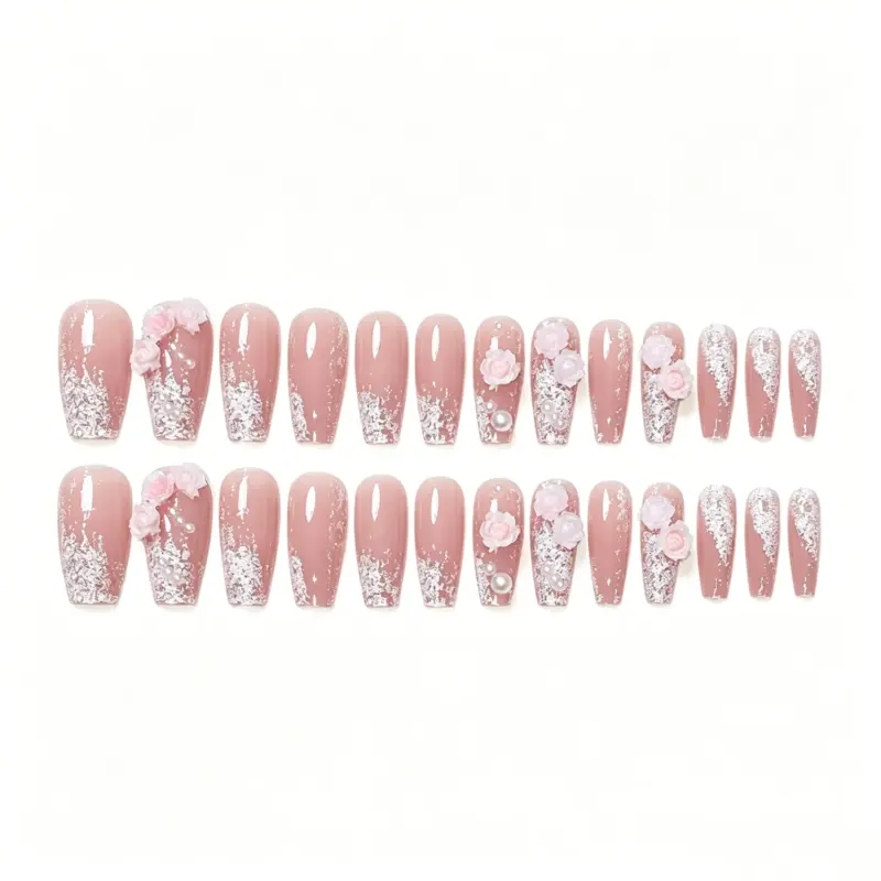 Gradient Glitter Long Coffin Press On Nails With Pink Roses Gradient Glitter Long Coffin Press On Nails With Pink Roses