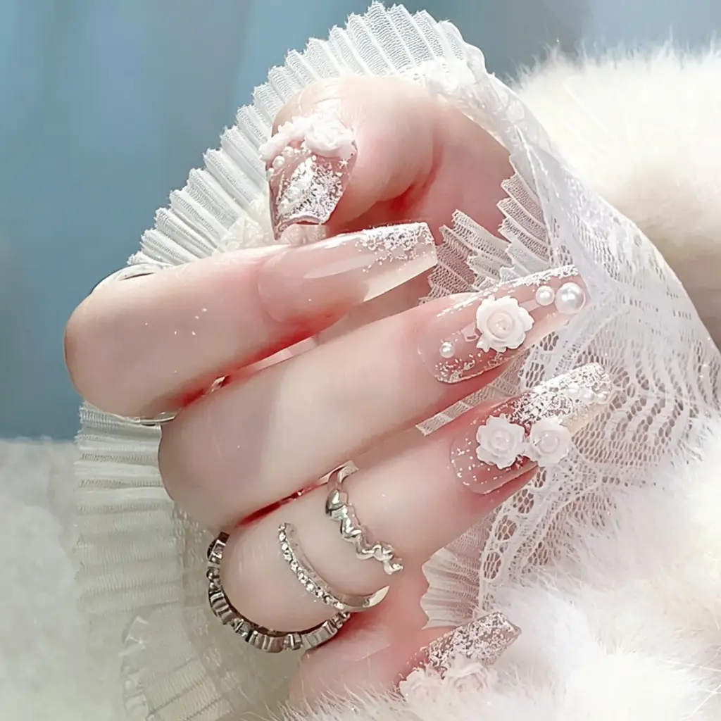Pink Rose Glitter Press On Nails Long Coffin Shape With Pearls For Wedding Bridal