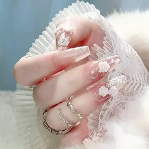 Romantic Pink Rose 3D Press On Nails With Glitter And Pearl Accents Romantic Pink Rose 3D Press On Nails With Glitter And Pearl Accents