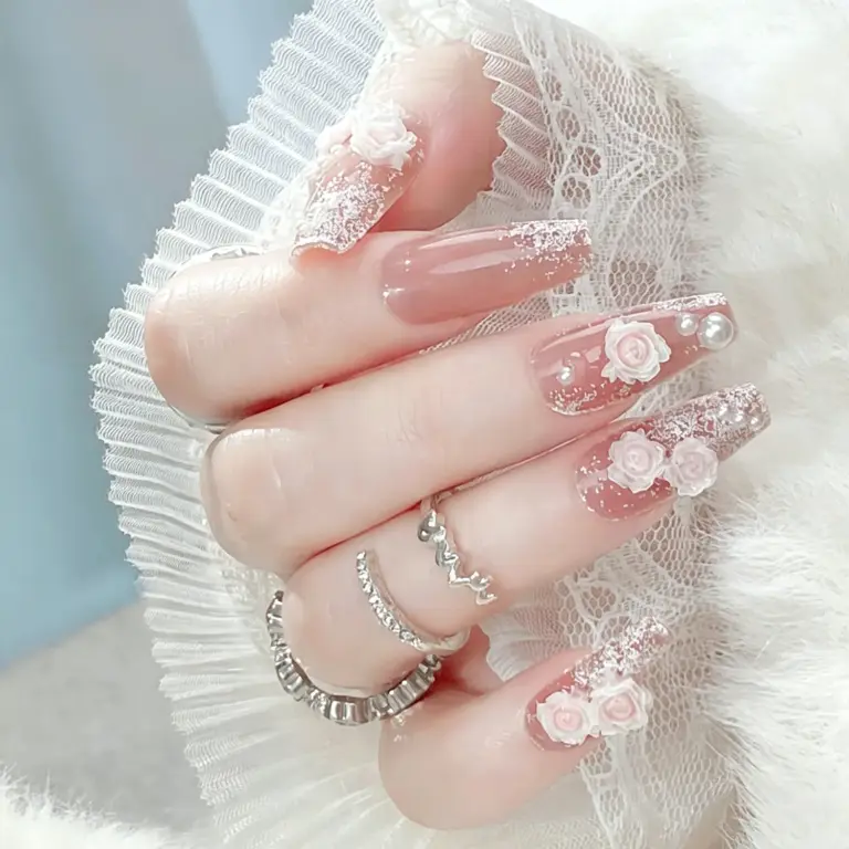 Long coffin pink rose press on nails with silver rings and lace
