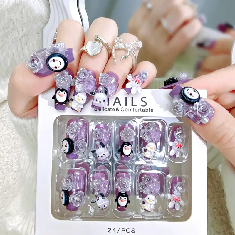 Cute 3D Penguin And Dog Charms On Purple Press On Nails Cute 3D Penguin And Dog Charms On Purple Press On Nails