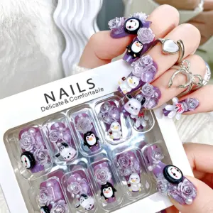 3D Cartoon Animal & Rose Purple Press On Nails For Cute Girls 3D Cartoon Animal & Rose Purple Press On Nails For Cute Girls