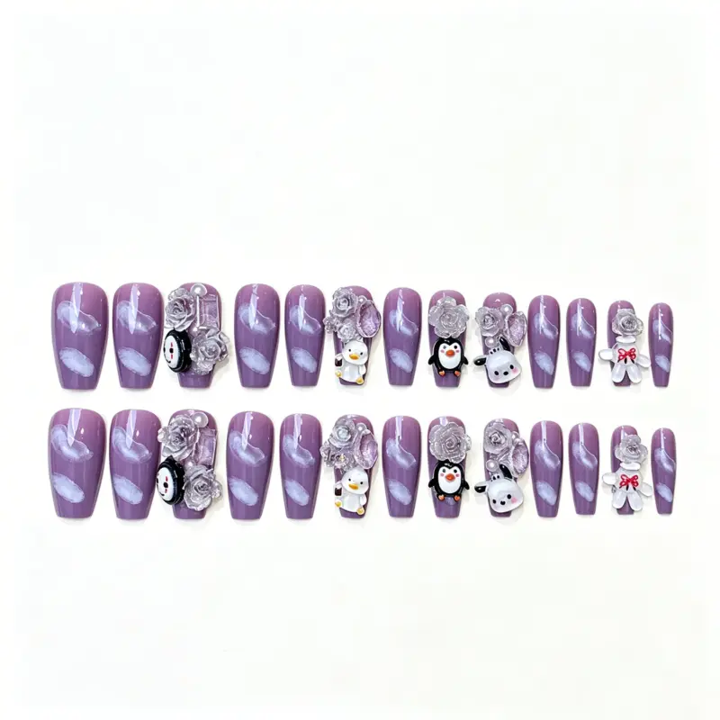 3D Rose And Cartoon Animal Purple Press On Nails For Parties 3D Rose And Cartoon Animal Purple Press On Nails For Parties