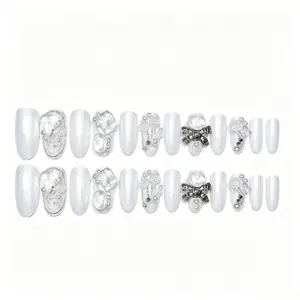 Silver Bow And Rhinestone Accents On Elegant White Press On Nails