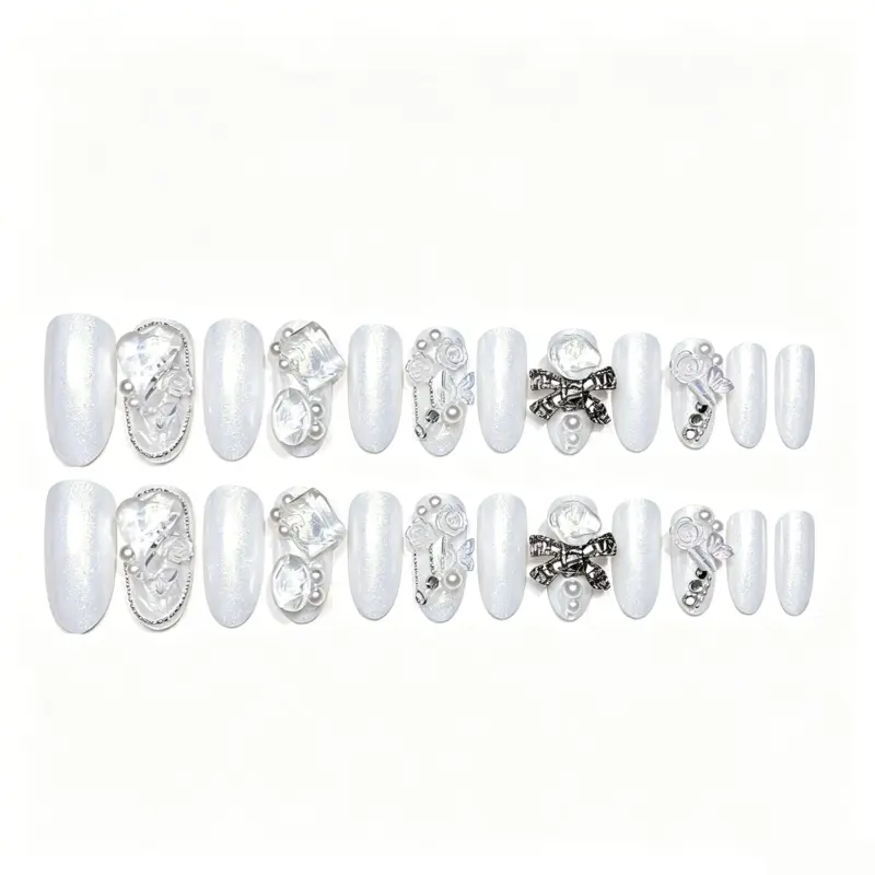Silver Bow And Rhinestone Accents On Elegant White Press On Nails
