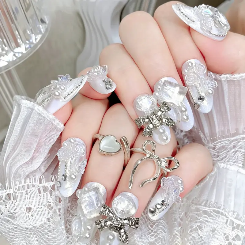 Elegant White Pearl Press On Nails With Silver Bow And 3D Rose