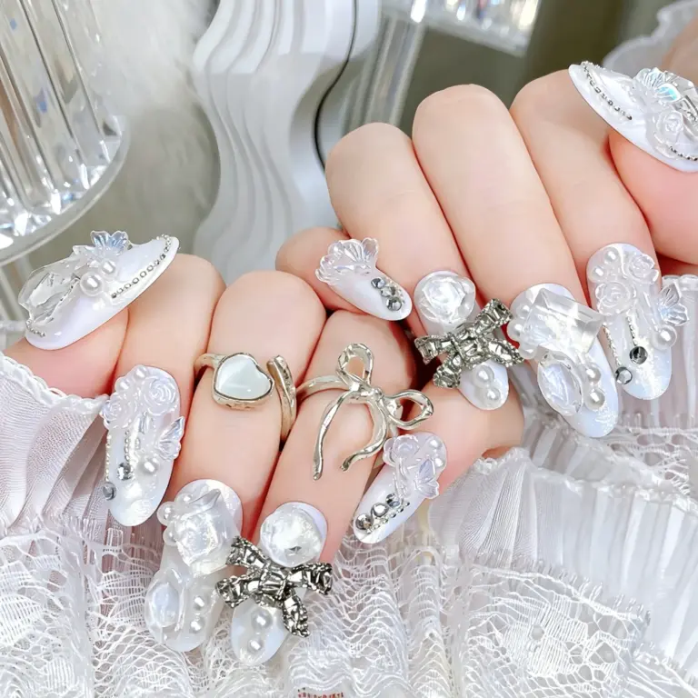 3D rose and pearl details on white press on nails with silver rings