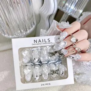 Romantic Bridal White Press On Nails With Pearl And Silver Bow