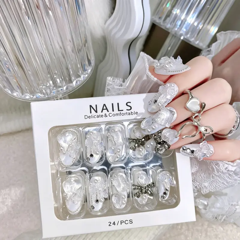 Romantic Bridal White Press On Nails With Pearl And Silver Bow