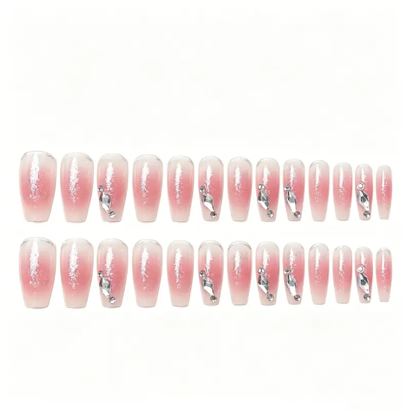 Clear Base Pink Blush Gradient Press On Nails With Rhinestones